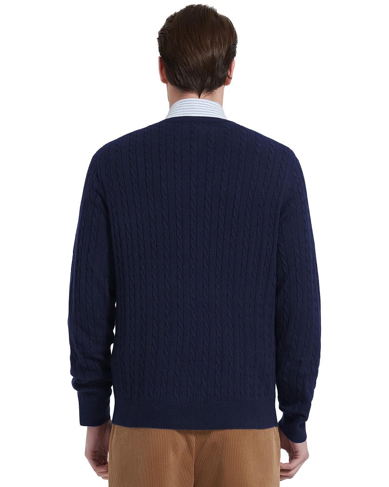 Kallspin Men's Cable Knit Crewneck Sweater Pullovers Wool Blend Relax Fit Knitwear (Navy Blue, Large) - Image 3